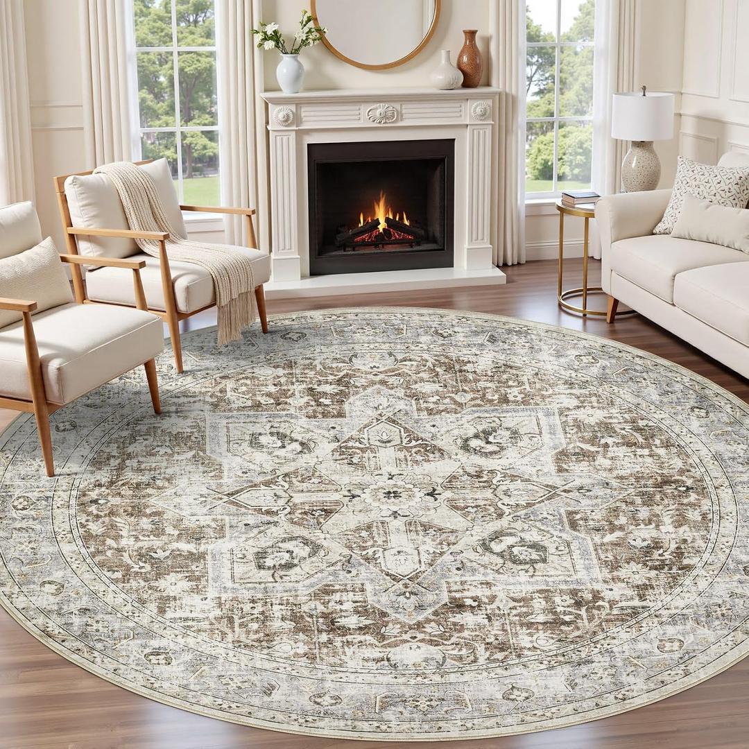 Tortania 7' Round Area Rug Living Room Rugs - Washable Boho Rug Vintage Oriental Distressed Farmhouse Large Thin Indoor Carpet for Bedroom Under Dining Table Home Office - Brown Blue