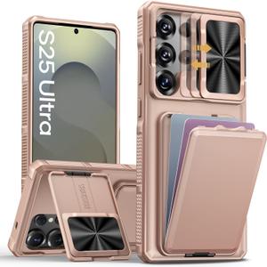 SSLOTSCASE for Samsung Galaxy S25 Ultra Case with Wallet & Sliding Lens Cover & Kickstand & Credit Card Holder, MilitaryGrade Protection Rugged Phone Case Cover for Galaxy S25 Ultra 6.9'', Rose Gold