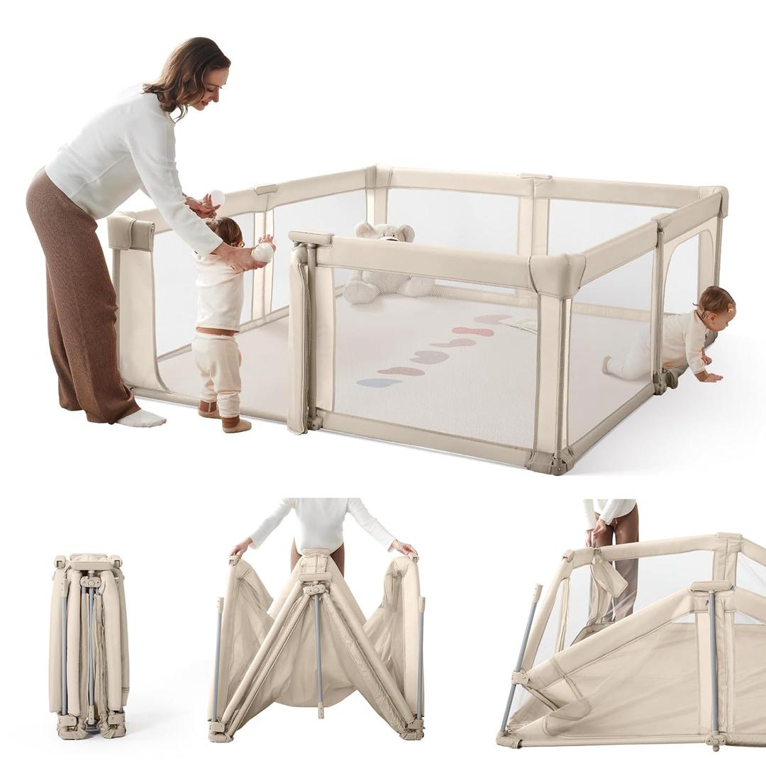 Foldable Baby Playpen,Portable Indoor & Outdoor Playpen for Babies and Toddlers,59”x79”Extra Large Play Pen with Gate,Collapsible Baby Fence with Travel Bag(Light Khaki)
