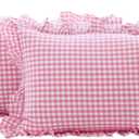 2 Pack Pink and White Plaid Ruffle Gingham King Size Pillow Shams 20x36 inches, Washed Cotton Checkered Farmhouse Pillow Covers for Bed/Sofa (20x36 inches, Pink/White Plaid)