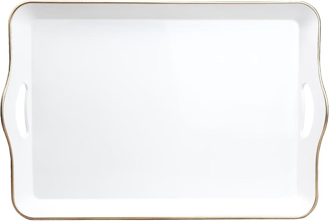 Spsyrine White Decorative Serving Tray with Handles, Elegant Plastic Coffee Table Tray for Ottoman, Living Room, Home Decor