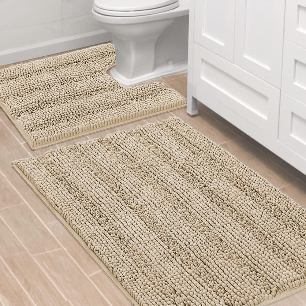 H.VERSAILTEX Bathroom Rug Sets 2 Piece Bath Mats Non Slip Thick Soft Chenille Striped Bath Rug achine Washable Shower Floor Rugs for Tub, Shower and Floor (Fog, 36"x24" Plus 20"x24" U)