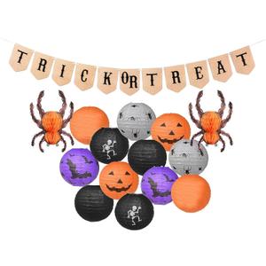 2 x Mudra Crafts Hanging Spider Bat Skeleton Pumpkin Paper Lanterns Outdoor Indoor Jack-o-Lantern Halloween Decorations Party Banner Set, Orange Black Purple 12-Inch Spooky Lamps