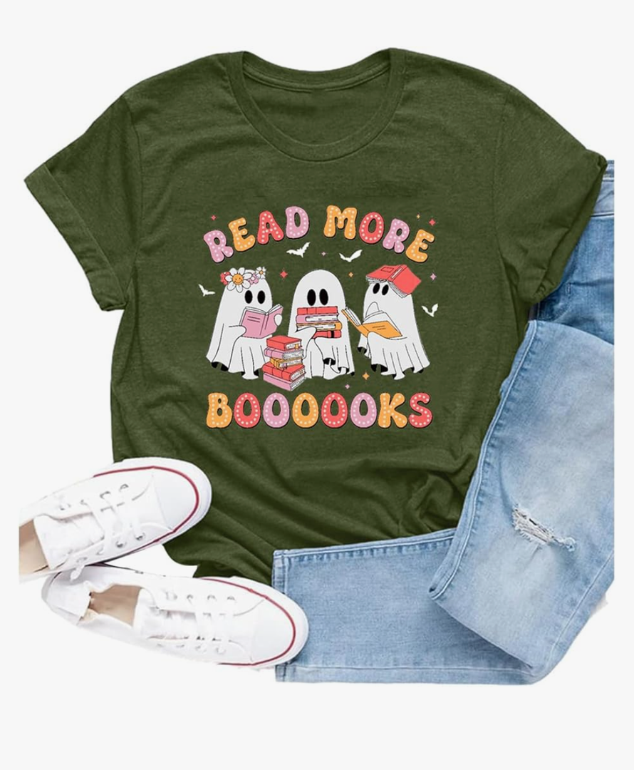 Womens Halloween Teacher Shirts Read More Books T-Shirt Funny Ghost Reading Book Print Tee S