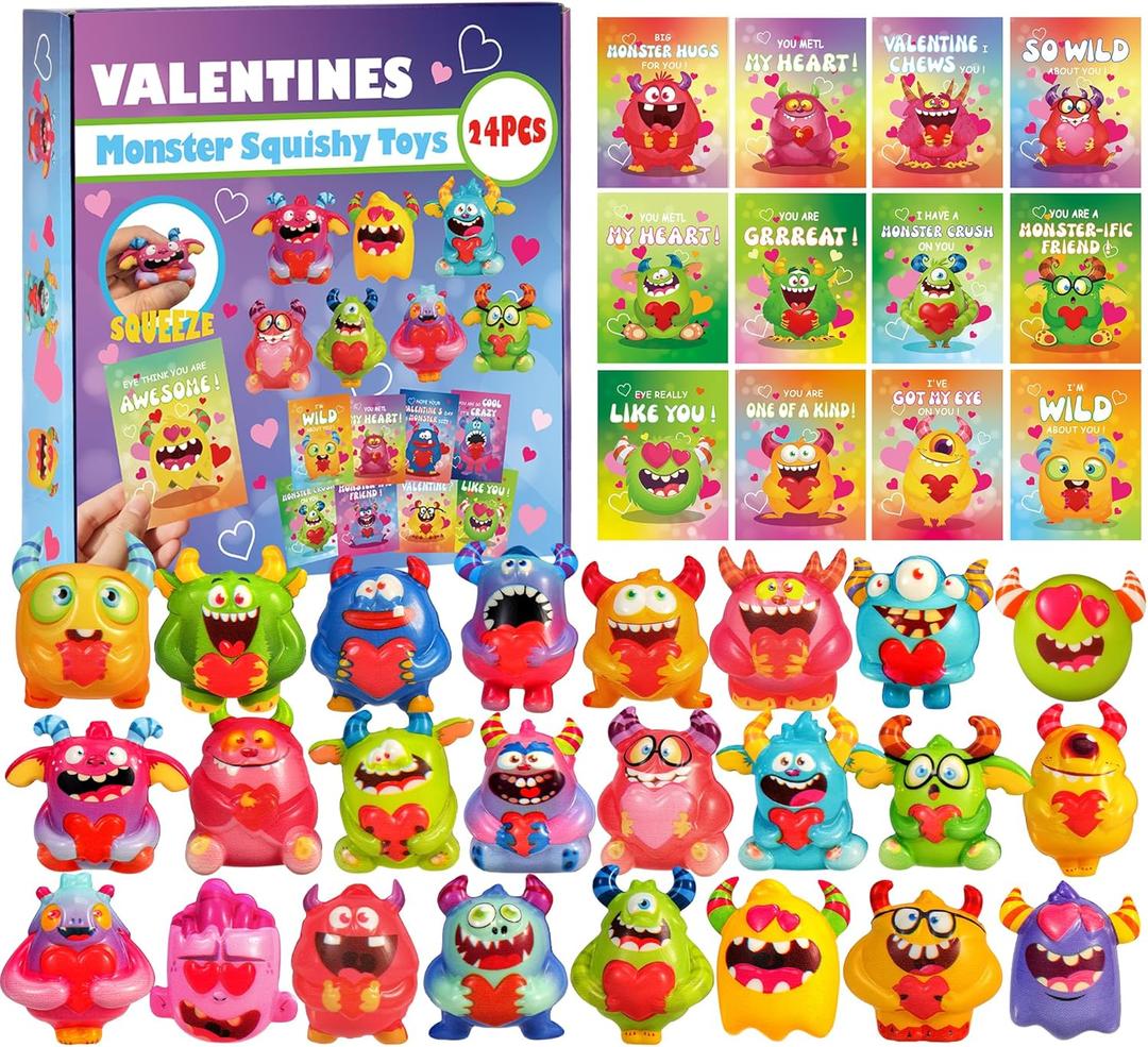 24Pcs Valentines Day Gifts for Kids, Monster Heart Squishy Toys with Cards for Galentines School Gift Exchange, Classroom Prizes, Bag Stuffers, Party Favors
