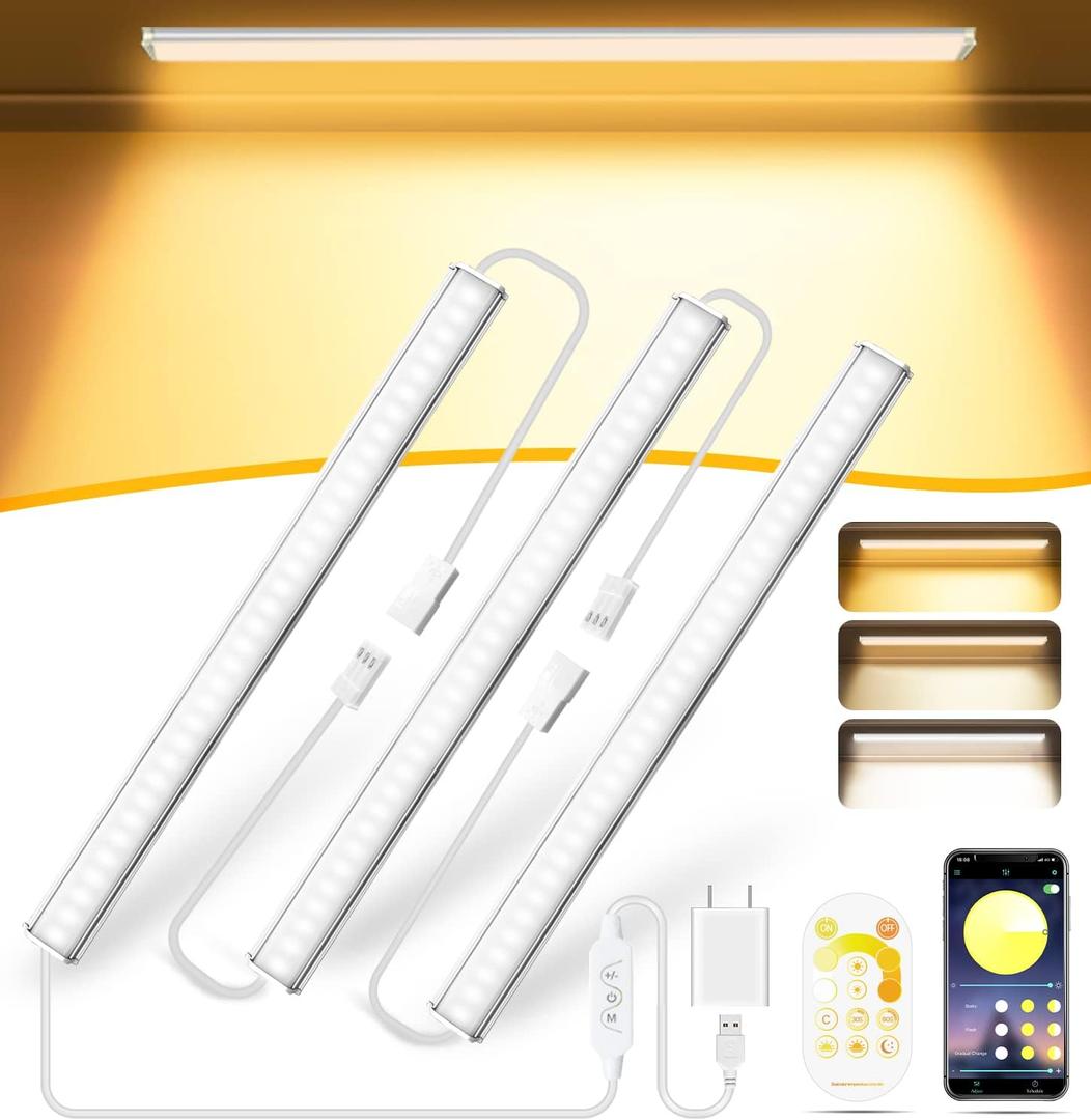 Daymeet Dimmable 12 Inch Ultra Thin Under Cabinet Lighting, Under Cabinet Lights Plug in, Multi-Color Super Bright LED Lights Bar Under Counter Lights Indoor for Kitchen, Shelf, Closet, Desk (3 Pack) (Multi-white(remote/app control))