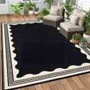 Dunzy Scalloped Outdoor Patio Rug, 5 x 8 ft Non-Slip Reversible Plastic Straw Pool Rug, Indoor Outdoor Area Mat for Outside Rv Camping Deck Beach Porch Backyard (Black, Beige)