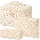 HBselect Quilted Makeup Bag, 3PCS Cotton Large Travel Makeup Bag, Cute Floral Coquette Make up Bag Cosmetic Bag Toiletry Bag for Women Girls