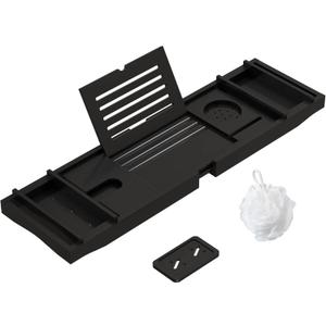 Bamboo Bathtub Tray for Luxury Bathroom, Expandable Premium Bath Tray w/Soap Towel Book Holder, Adjustable Bath Accessories for Tub,Extendable Tub Tray with Wine Glass Cup Organizer 29.5"-43.3" Black