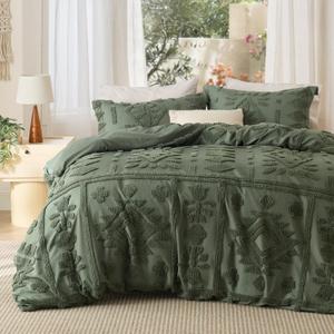 Bedsure Boho Duvet Cover Queen Size, Soft & Comfortable Elegant Design Boho Bedding for Decoration, Machine Washable Comforter Cover for All Seasons,Includes 1 Duvet Cover & 2 Pillow Shams,Olive Green