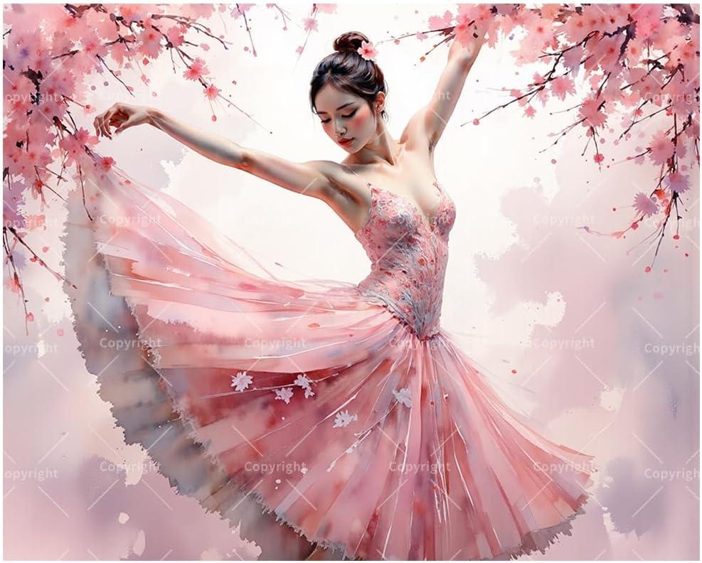 Cherry Blossom Ballerina Paint by Numbers Kit for Adults – DIY Elegant Dancer in Pink Dress Painting on Canvas, Acrylic Paint Set for Beginners, Art for Home Decoration or Gifts(16X20IN Framed)