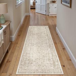 Light Brown Runner Rug 2'6"x8' Washable Carpet for Hallway Kitchen Vintage Distressed Non Slip Indoor Retro Floral Bedroom Accent Throw Long Rug Bathroom Office Laundry Dining Living Room