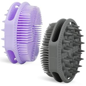 2-Pack Soft Silicone Dual-Sided Body Scrubber & Loofah | Gentle Exfoliating Shower Brush for Men & Women | Creates Rich Lather, Easy to Clean (Gray & Purple)