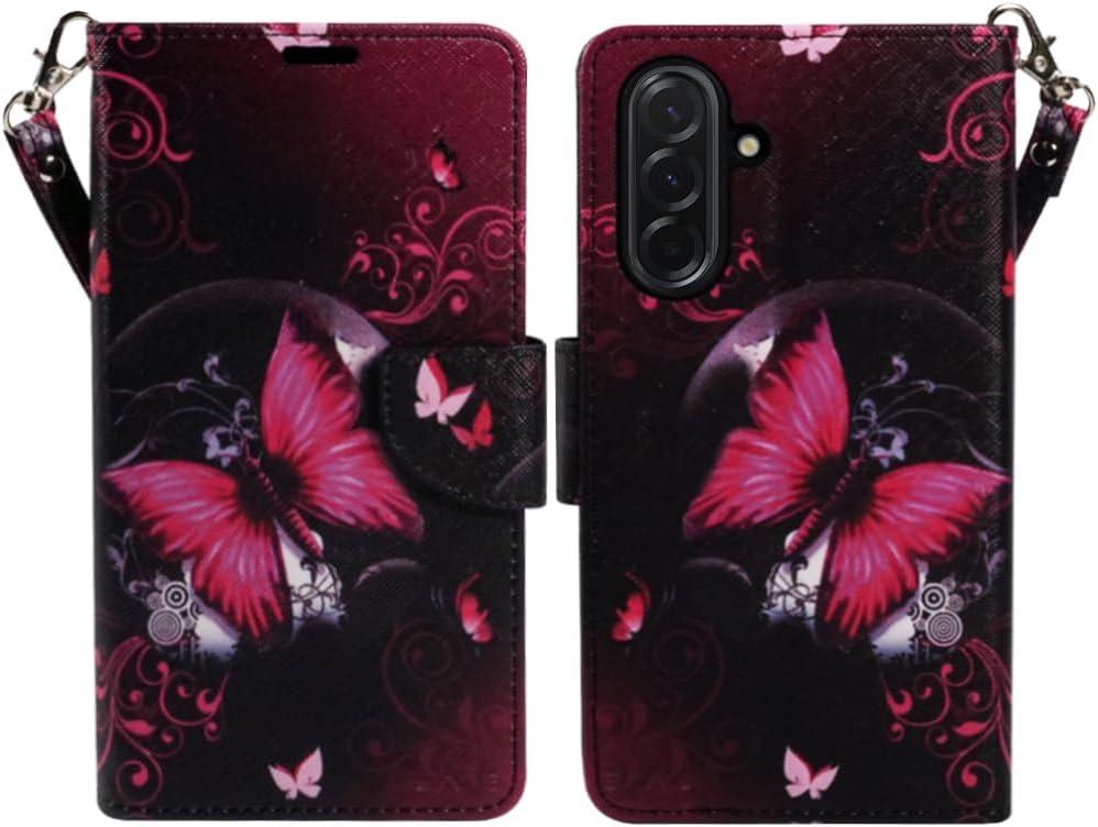 Zase Design Cover for Samsung Galaxy A36 5G / A56 5G Protective Flip Wallet Phone Case Cute Premium PU Leather Purse Folio w/Kickstand ID Card Slot Wrist Strap Magnetic Lock (Black Pink Butterfly)