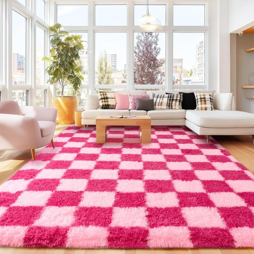 Checkered 8x10 Area Rugs for Living Room, Ultra Soft Fluffy Large Shaggy Rug Carpet for Bedroom, Non-Slip Fuzzy Plush Rugs for Nursery Boys Girls Kids Room Modern Indoor Home Decor, Pink and Hot Pink