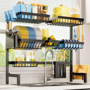 Sakugi Dish Drying Rack - Over The Sink Dish Drainer Drying Rack with Utensil & Knife Holder, Hooks, Stainless Steel Kitchen Organizers and Storage Solution, 11.8" D x 31.5"~39.0''W x 30" H, Black