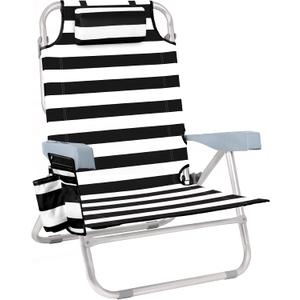 Backpack Beach Chair for Adults 5 Position Reclining Low Beach Chair with Cooler, Cup Holder & Towel Bar, Lightweight Folding Beach Chair Backpack, Portable Lay Flat Beach Lounger Black Stripe