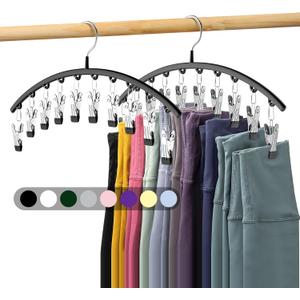 Volnamal Legging Organizer for Closet, 2 Pack Metal Yoga Pants Hangers w/10 Clips Holds 20 Leggings, Space Saving Hanging Closet Organizer w/Rubber Coated Closet Organizers and Storage, Black