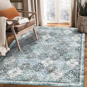 9' x 12' Washable Area Rug - Low Pile Soft Vintage Indoor Rug for Living, Dining or Bedroom - Lightweight Carpet with Non-Slip Backing - Foldable for Easy Placement, Ocean Blue