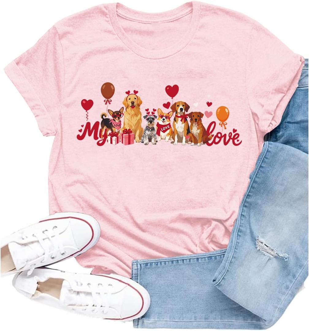 Valentines Shirt for Women My Love Dog Lover T-Shirts Valentine Day Love Heart Print Casual Tee Tops (Medium)