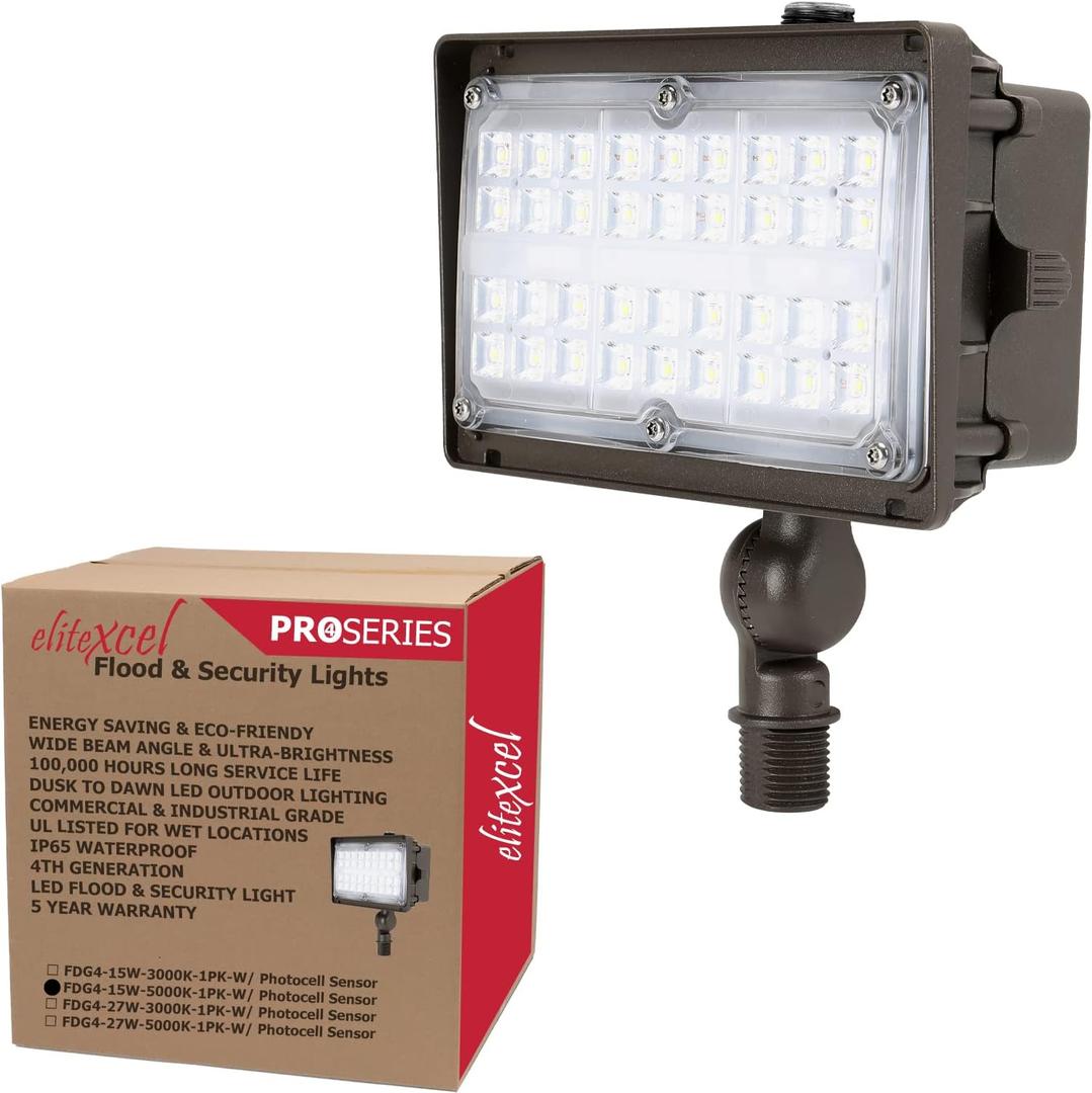 OptiShield 15W LED Floodlight 120-277V 5000K Commercial Dusk to Dawn Photocell Sensor Outdoor Security Light Built-in Mini Visor Anti-Glare for Storefront Pathway Backyard