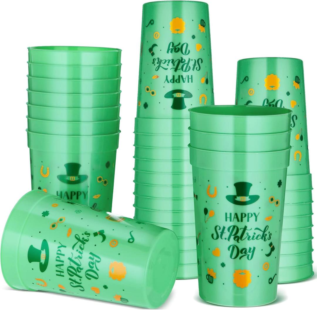 Meanplan 30 Pcs St Patrick's Day Party Plastic Cups Bulk Happy St Patrick's Day Green Shamrock Cups Reusable Lucky Drinking Irish Favors for Adults Beer Beverage Party Supplies Decorations(12 oz)