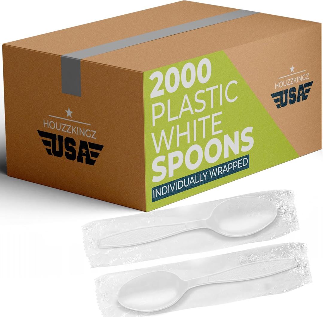 2000 Individually Wrapped Plastic Spoons | Bulk Individual Wrapped Disposable White Medium Weight Spoon | Packaged Plasticware Silverware Cutlery Utensils To Go Prepackaged For Take-Out Party Supplies