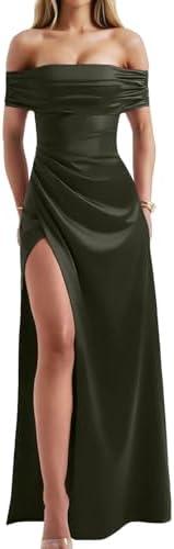 Memoriesea Women's Elegant Off Shoulder High Split Bodycon Evening Wedding Maxi Dress, Size XL