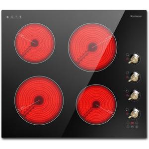 Karinear Electric Cooktop 24 Inch, 4 Burners Electric Stove Top, Built-in Radiant Cooktop Knob Control, Safety Lock, Timer, Pause, 6000W 220~240V Hard Wired(No Plug)