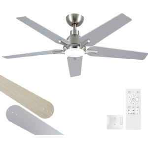 putroad 52 Inch Ceiling Fans with Lights: Brushed Nickel Ceiling Fan with Light and Remote for Bedroom Living Room Dining room Patio, 3CCT Dimmable 6 Speeds Reversible Quiet DC Motor
