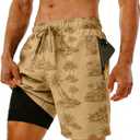 Men's Swim Trunks with Compression Liner, Quick Dry Hawaiian Swimwear Bathing Suit Drawstring Board Shorts (L, Khaki Coconut Tree)