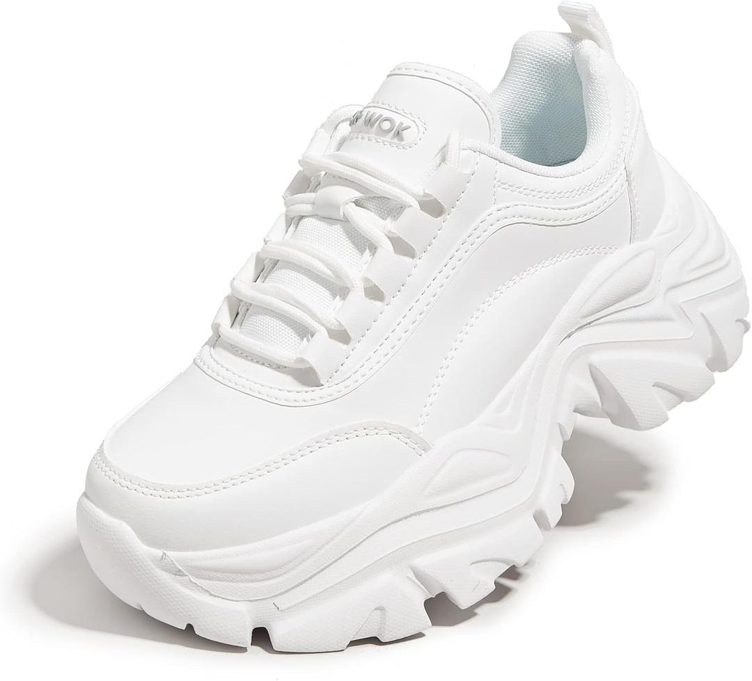 K KIP WOK Chunky Sneakers for Women Fashion Platform White Leather Casual Dad Shoes Comfortable Wedge Walking Sport Sneakers (6)