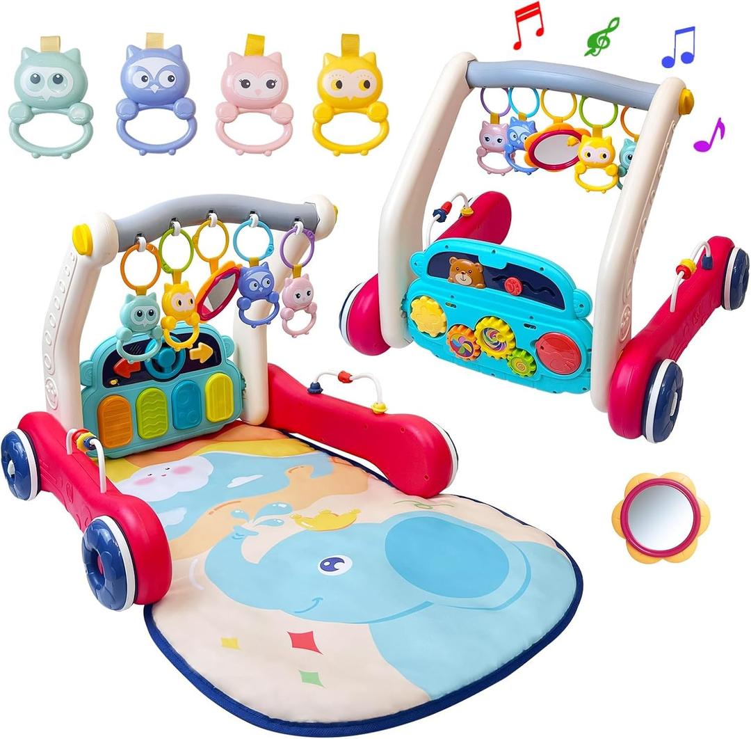 Cuterabit Baby Gym Play Mat & Baby Walker, Baby Activity Center with Music and Light, Tummy Time Mat, Push Toys for Toddler, Detachable Play Piano and Rattles for Newborn Babies Infants Boys Girls