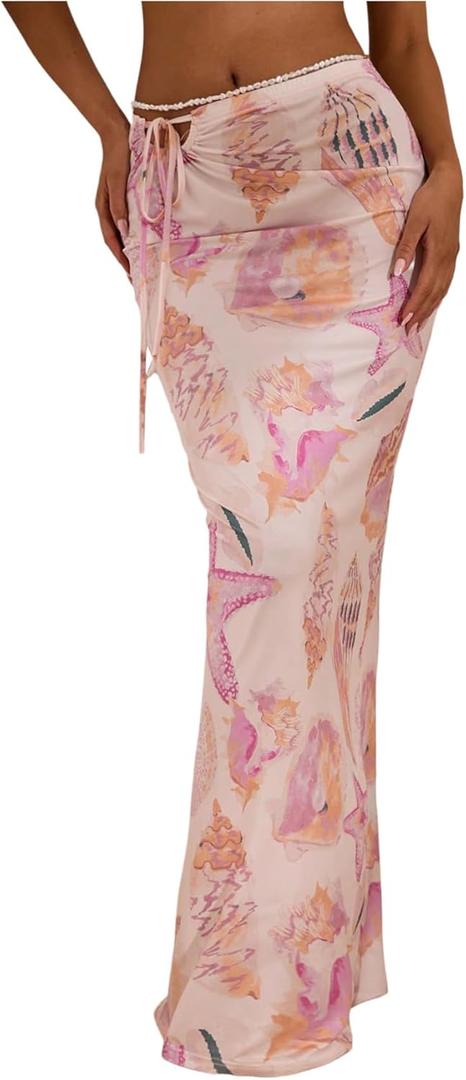 Milumia Women's Boho Beach Skirt Seashell Starfish Printed Tie Side Fishtail Maxi Long Skirts (Large, Pink)