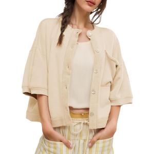 QIBABU Womens Button Down Cardigan Casual Open Front 3/4 Sleeve Crewneck Sweatshirt Tops (Large, Beige)