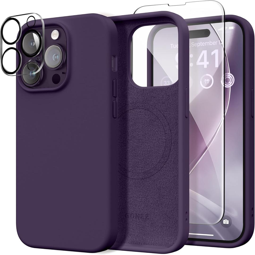 GONEZ for iPhone 14 Pro Case, Compatible with Magsafe, with Screen Protector + Camera Lens Protector, Soft Anti-Scratch Microfiber Lining, Shockproof Liquid Silicone Phone Cover, Deep Purple