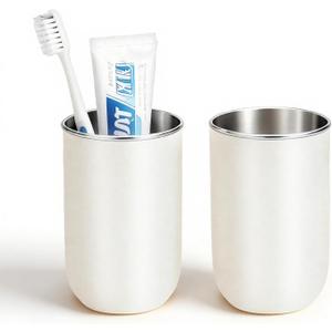 Stainless Steel Toothbrush Cup Holder 13oz, Unbreakable Reusable Kids Bathroom Tumbler Cup & Tooth Brush Holder Organizer for Shower, Countertop Toothpaste Storage Holder Set, White 2 Pack