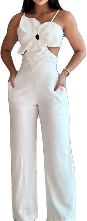 Qikaka Women's Sleeveless Bodycon Wide Leg Sexy Nightclub Party Jumpsuit Rompers, M, White