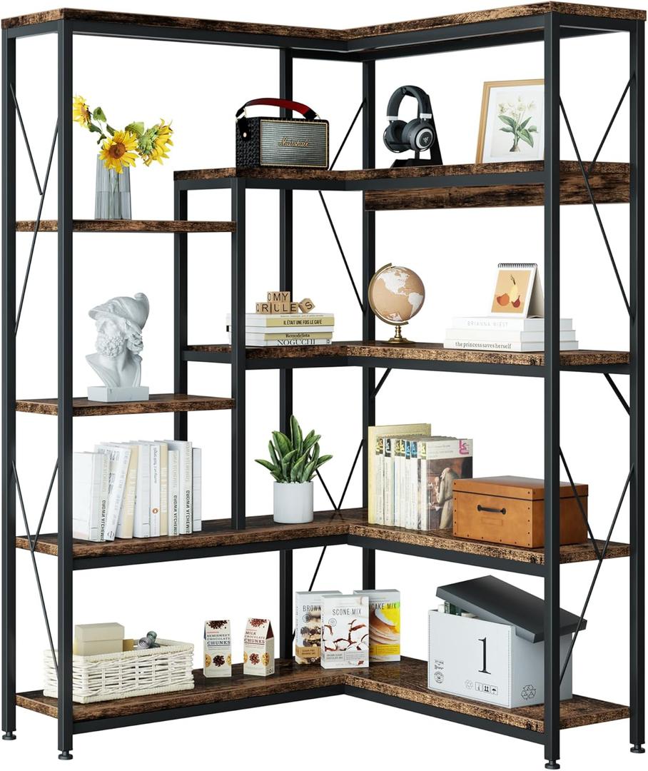 Shintenchi 5 Tiers Corner Bookshelf, 70.86" Tall L-Shaped Bookcase, Large Corner Etagere Bookcase, Corner Shelf Display Storage Rack with Metal Frame for Living Room Home Office, Rustic Brown