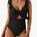 Eomenie One Piece Swimsuit for Women Tummy Control Ruffle Bathing Suit V Neck Ruched Swim Suit Slimming Cutout Swimwear, Large, Black 