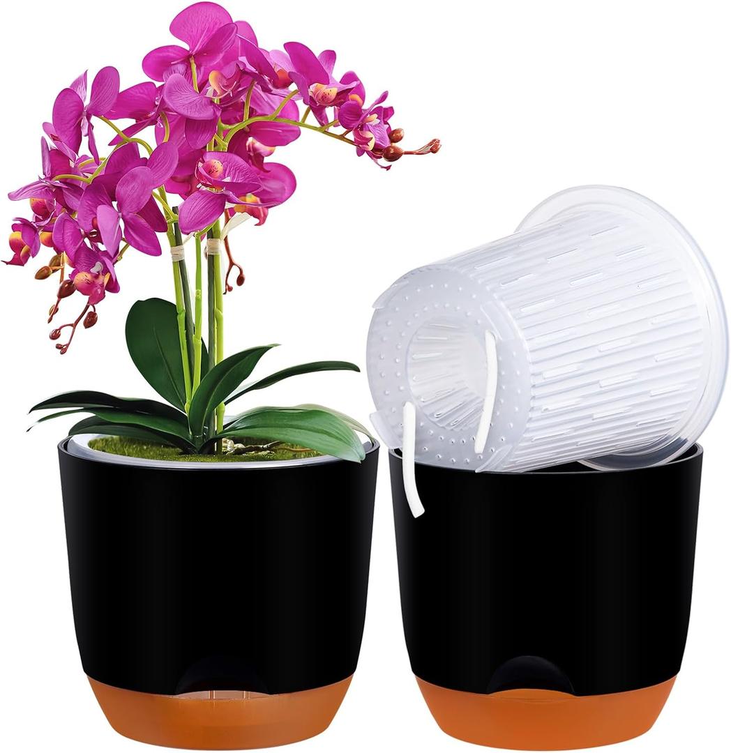 QCQHDU 2 Pack 5.7 Inch Orchid Pots with Holes for Repotting, Double-Layer and Self Watering Orchid Pot with Good Air Circulation (Black & Brown)