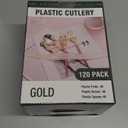 Lullaby 120PCS Gold Plastic Silverware, Gold Disposable Cutlery with Wood Grain Handle Include 40 Forks, 40 Spoons, 40 Knives, Elegant Disposable Silverware for Wedding, Party, Gathering, Daily Use