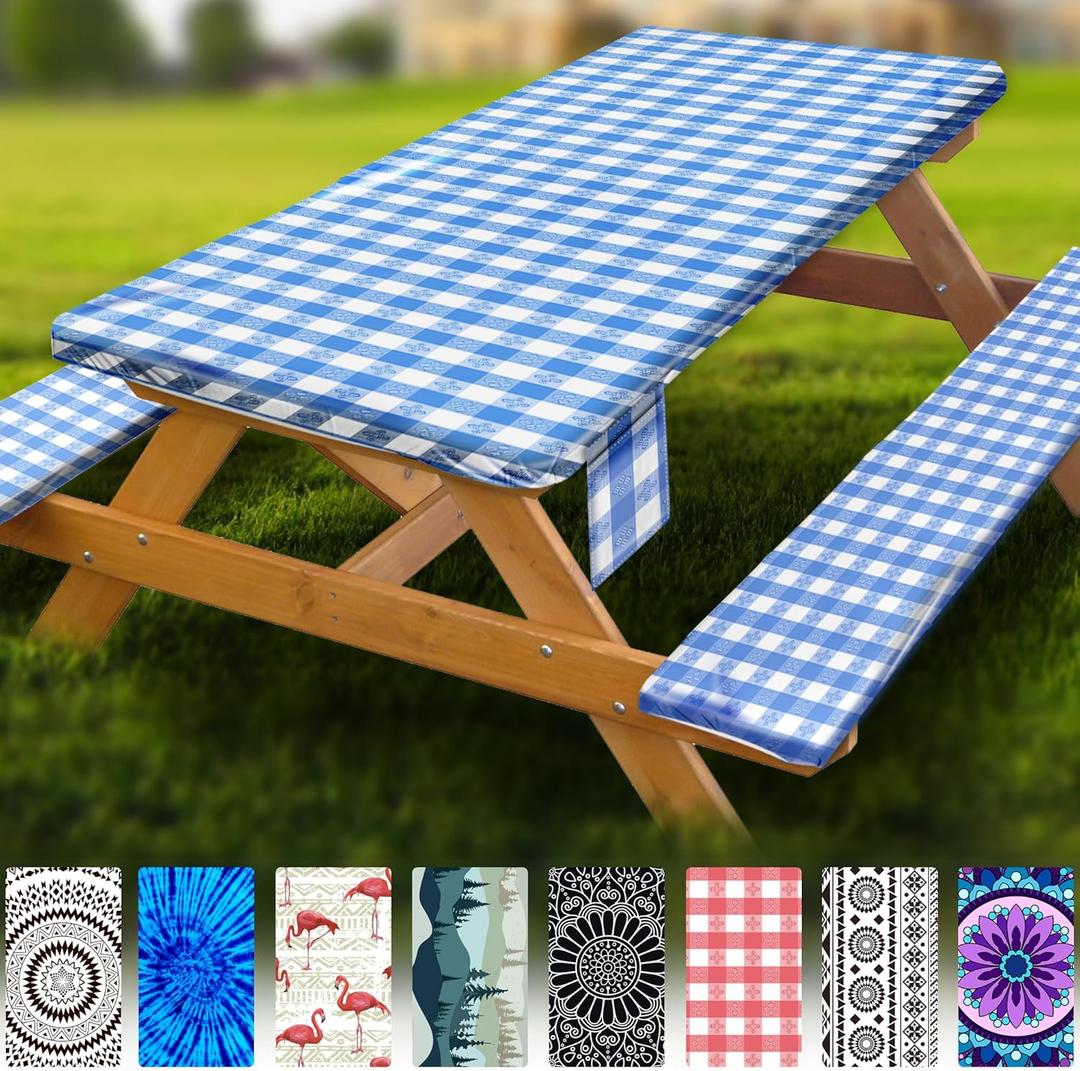 Fitted Picnic Table Cover with Bench Covers Vinyl Waterproof Elastic Edges Fitted Rectangle Tables Patio Tablecloth Camping Gear and Essentials Rv Accessories Road Trip Supplies Car Travel Must Haves (72x30in, Blue Grid)