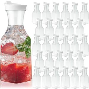 30 Packs Plastic Carafe with Lids, 34 oz Clear Mimosa Juice Containers, Acrylic Beverage Carafe Pitcher Drink Containers for Fridge Outdoor Iced Tea Juice Party Mimosa Bar (Stylish)