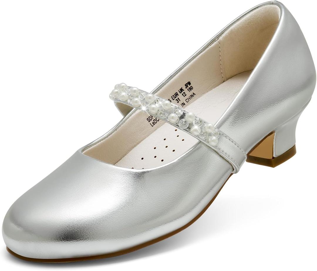 DREAM PAIRS Girls Dress Shoes Low Heels for Little Big Girl Mary Jane Shoes with Pearl Rhinestones Flower Girl Pumps Princess Wedding Party (11 Little Kid, Silver)