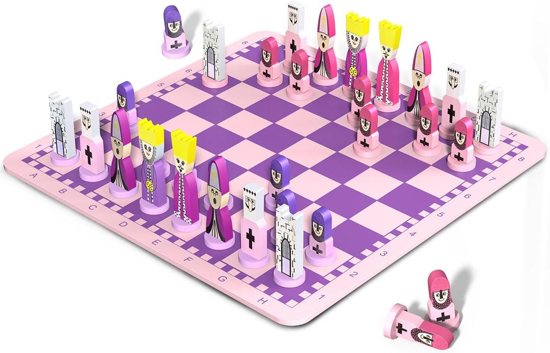 Cartoon Chess Set for Kids: JORMONY 11.8" Pink Chess Board Themed Chess Kids Chess Sets for Beginners No Stress Chess Wooden Board Games Educational Toy Boys Girls for Family School