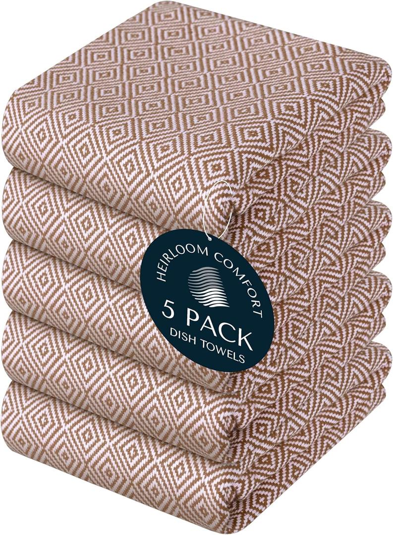 Brown Dish Towels 5 Pack, Ultra Absorbent, 16"x26", Diamond Weave Towel Set, Reusable, Durable, Quick Dry Cotton Kitchen Towels for Cleaning Counters, Drying Dishes, Everyday Cleanup