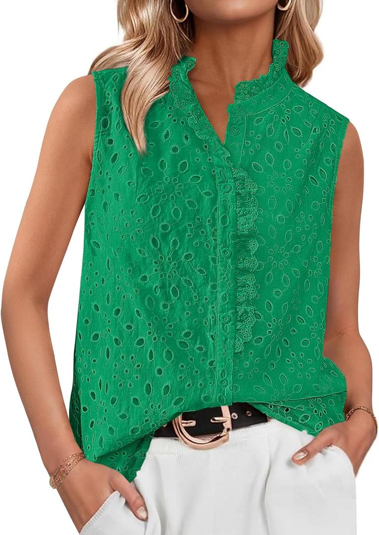 BTFBM Women's Sleeveless Button Down Shirts Ruffle V Neck Casual Hollow Out Eyelet Tops Boho Summer Vacation Blouse 2025 (Medium, Green)
