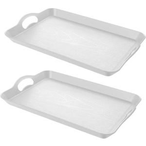 2PC White Serving Trays with Handles, 16 x 11.2 inch Rectangular Non Skid Multi-Purpose Plastic OttomanTray for Restaurant, Parties, Coffee Table, Kitchen
