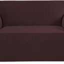 H.VERSAILTEX Stretch Love Seat Couch Covers Couch Slipcovers for 2 Cushion Couch Sofa Cover for Loveseat 1 Piece with Elastic Bottom, Textured Checked Jacquard Fabric(Loveseat 58"-70" Wide, Chocolate)